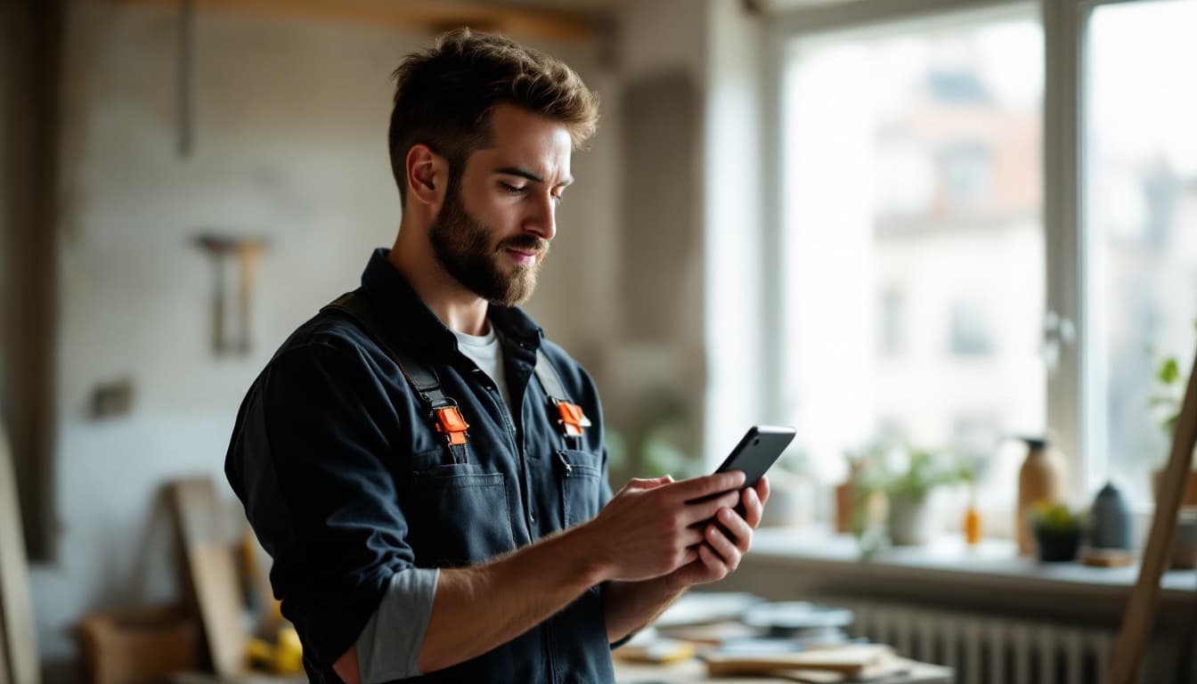 Un artisan plombier consulte son téléphone sur un chantier de rénovation